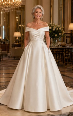 Schulterfreies Satin-Ballkleid mit Schleppe für ältere Bräute