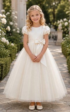 Flower Girl Dress Ivory Lace Tulle A-Line Jewel Neck Tea Length