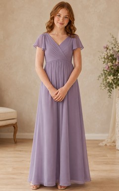 Lavendelfarbenes Brautjungfernkleid für junge Damen, A-Linie, V-Ausschnitt, kurze Ärmel, plissiert