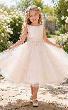 Flower Girl Dress A-Line Pearl Pink Twirl Friendly Tiered Tulle Sleeveless