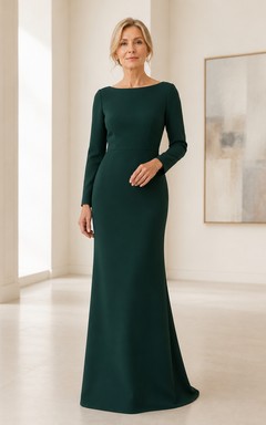 Dunkelgrünes Jersey-Etui-Kleid mit U-Boot-Ausschnitt und langen Ärmeln