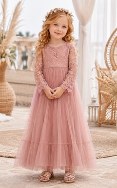 Blumenmädchenkleid, mauvefarbener Tüll, A-Linie, lange Ärmel, Rundhalsausschnitt, Teelänge