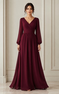 Burgunderfarbenes, formelles Chiffonkleid mit V-Ausschnitt und langen Ärmeln