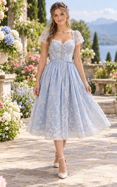 Vintage Sky Blue Sweetheart Lace Sleeve Button Dirndl Dress