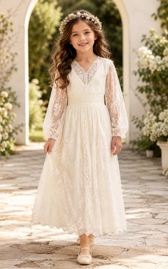 Boho-Kleid in A-Linie mit V-Ausschnitt, langen Spitzenärmeln und V-Ausschnitt zur Erstkommunion