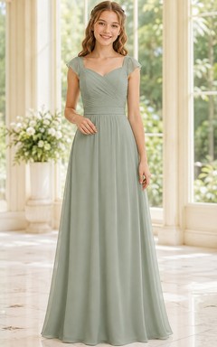 Celadonfarbenes Brautjungfernkleid für junge Damen, A-Linie, V-Ausschnitt, kurze Ärmel, plissiert