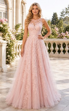 Elegantes, rosafarbenes A-Linien-Abendkleid aus Spitze und Tüll mit Illusionsausschnitt und Schleppe