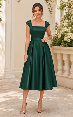 Robe midi plissée en satin Jade à col carré et manches courtes
