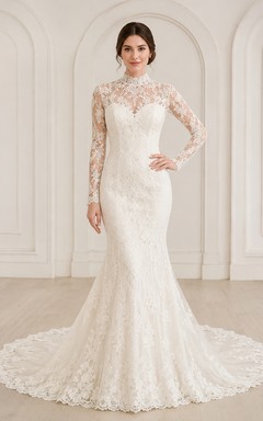 Vestido de novia de estilo sirena modesto, manga larga, cuello alto, encaje floral, estilo catedral.