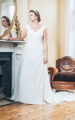 A-Line Floor-Length V-Neck Sleeveless Chiffon Court Train Low-V Back Side Draping Dress