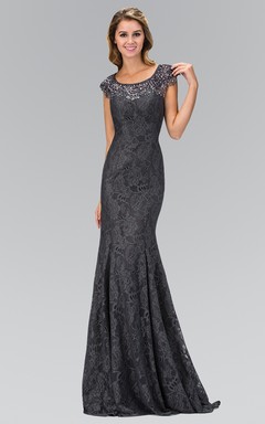 Sheath Long Scoop-Neck Cap-Sleeve Lace Zipper Dress With Bpt