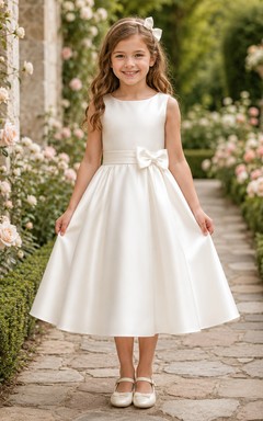 Robe élégante et simple de demoiselle d'honneur, longueur thé, coupe trapèze, nœud latéral en satin et col bijou.