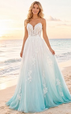 Türkisfarbenes A-Linien-Brautkleid mit herzförmigem Ausschnitt, Tüll, floralem Muster und Boho-Stil für Strandhochzeiten