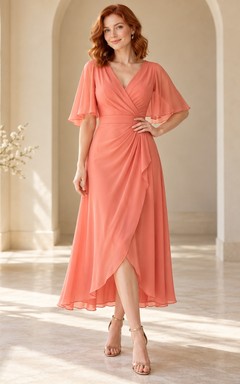 Coral Wrap V Elbow Cape Sleeve Ankle Wedding Guest Dress