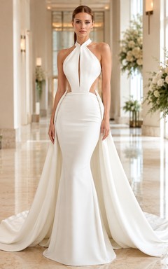 Satin Wedding Dress Sheath Halter Sleeveless Chapel Train Open Back Bridal Gown