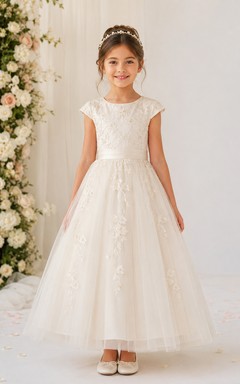 Tea-length Lace Cap Sleeve Tulle Flower Girl Dress with Bow