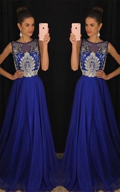 Gorgeous Dark Royal Blue Sleeveless Evening Dresses Long Chiffon With Appliques Beadings