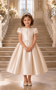 Robe de demoiselle d'honneur en satin champagne, coupe trapèze, manches bouffantes, longueur thé, nœud.