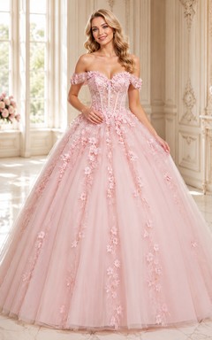 Robe de bal de princesse rose poudré, luxueuse, épaules dénudées, ornée d'appliqués floraux en tulle, pour les 16 ans.