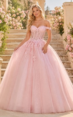 Romantic Blush Off-Shoulder Applique Lace Tulle Corset Ball-Gown Sweep-Train Quinceanera Dress