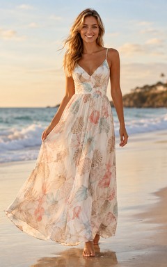 Pastel Seashell Print Spaghetti Strap Beach Maxi Dress