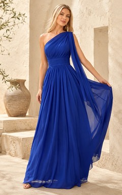 Royal Blue Chiffon One Shoulder Sleeveless A-Line Evening Gown