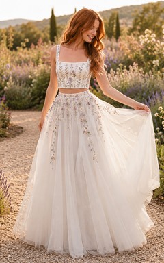 Square Neck Floral Embroidered Bodice Tulle Garden Bridal Set