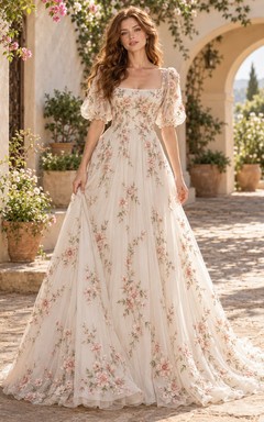 Boho Floral Square Neck Puff Sleeve A-Line Wedding Dress