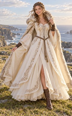 Vestido de novia de corte A con corsé vikingo vintage, manga larga y capa de piel