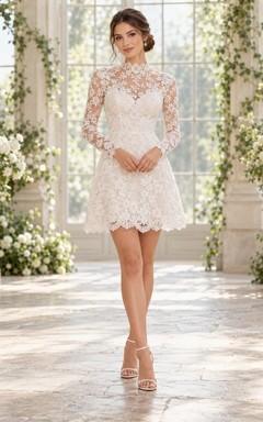 Short High Neck Long Sleeve Floral Lace Scalloped Wedding Dress