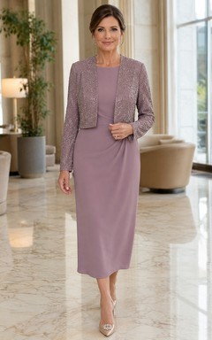 Vintage, mauvefarbenes, luxuriöses Pailletten-Bolero-Kleid mit U-Boot-Ausschnitt und knielangem Rock – ein elegantes Abendkleid für die Mutter der Braut