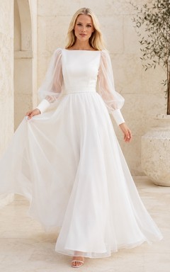 Romantic White Square Neck Long Sleeve Tulle Ball Gown Formal Dress