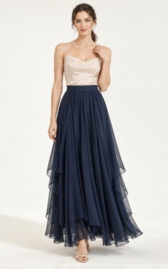 Vintage Dark Navy Layered Ruffle Chiffon Ankle-length A-line Skirt