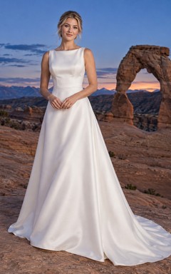 Simple A-Line Bateau Neck Sleeveless Smooth Satin Broad Pleated Sweeping Wedding Dress