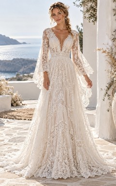 Boho Plunge V-neck Bell Sleeve Paneled Lace Wedding Dress