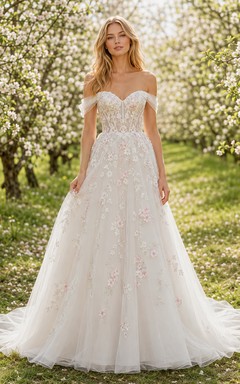 Brautkleid mit floralem Korsett und schulterfreiem Schnitt, inspiriert von Frühlingsblüten im Obstgarten-Stil