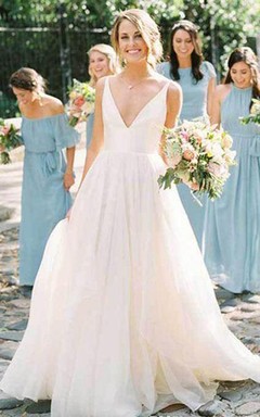 V-Ausschnitt, Tüll-Satin, A-Linien-Ballkleid, bodenlang, ärmellos, Hochzeitskleid