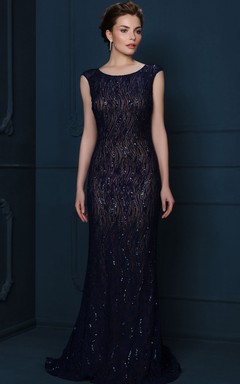 Sheath Sequined Cap-Sleeve Scoop-Neck Long Evening Dress