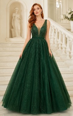 Dark Green Sequins Tulle V-neck Sleeveless Floor-length Ball Gown Formal Dress
