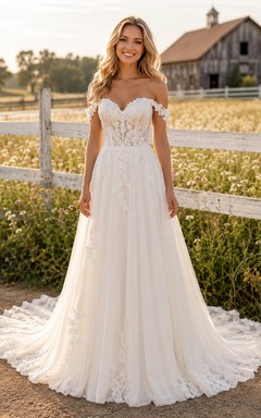 Boho Off-the-shoulder Short-Sleeve Lace Chiffon A-Line Floor-length Sweep Romantic Bridal Gown