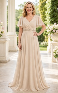 MOB-Kleid Champagnerfarbener Chiffon, A-Linie, kurze Ärmel, V-Ausschnitt, bodenlang, Perlenbesatz