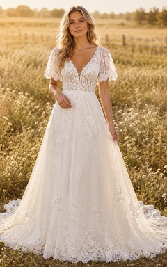 Country Tulle Wedding Dress A-Line V-Neck Flutter Sleeve Chapel Train Low V Back Bridal Gown
