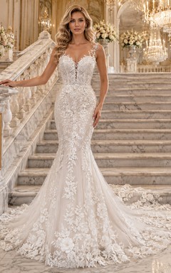 Vestido de novia de lujo para salón de baile con cola y apliques florales de sirena