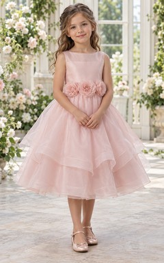 Blushing Pink Boat Neck Rosette Waist Tiered Flower Girl Dress