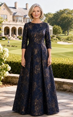 Marineblaues, goldfarbenes, florales Jacquard-Kleid in A-Linie, bodenlang