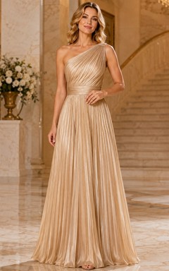 Champagne One Shoulder Pleated Satin A Line Evening Gown