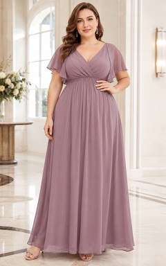 Mauve Chiffon V-neck Flutter Sleeve Empire Floor-length A-Line Plus Size Dress