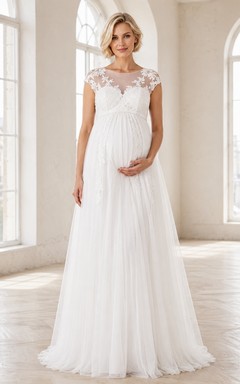 Vestido de novia premamá con mangas cortas de encaje y escote en V