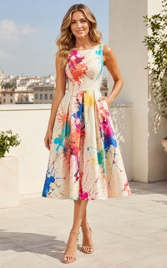 Vestido midi de corte A con cuello alto y estampado multicolor salpicado de pintura