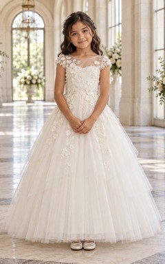 Ivory Ball-gown Lace Tulle Floor-length Cap-sleeve Illusion Appliqued Flower Girl Dress